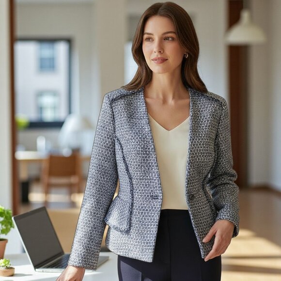 Banana Republic Blue & White Tweed Fringe Trim Single Button Blazer Jacket NWT - Picture 2 of 14